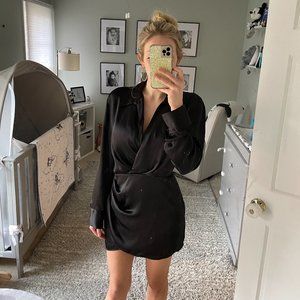 Zara Black Mini Silk Dress Collar Long Sleeve  Size Small